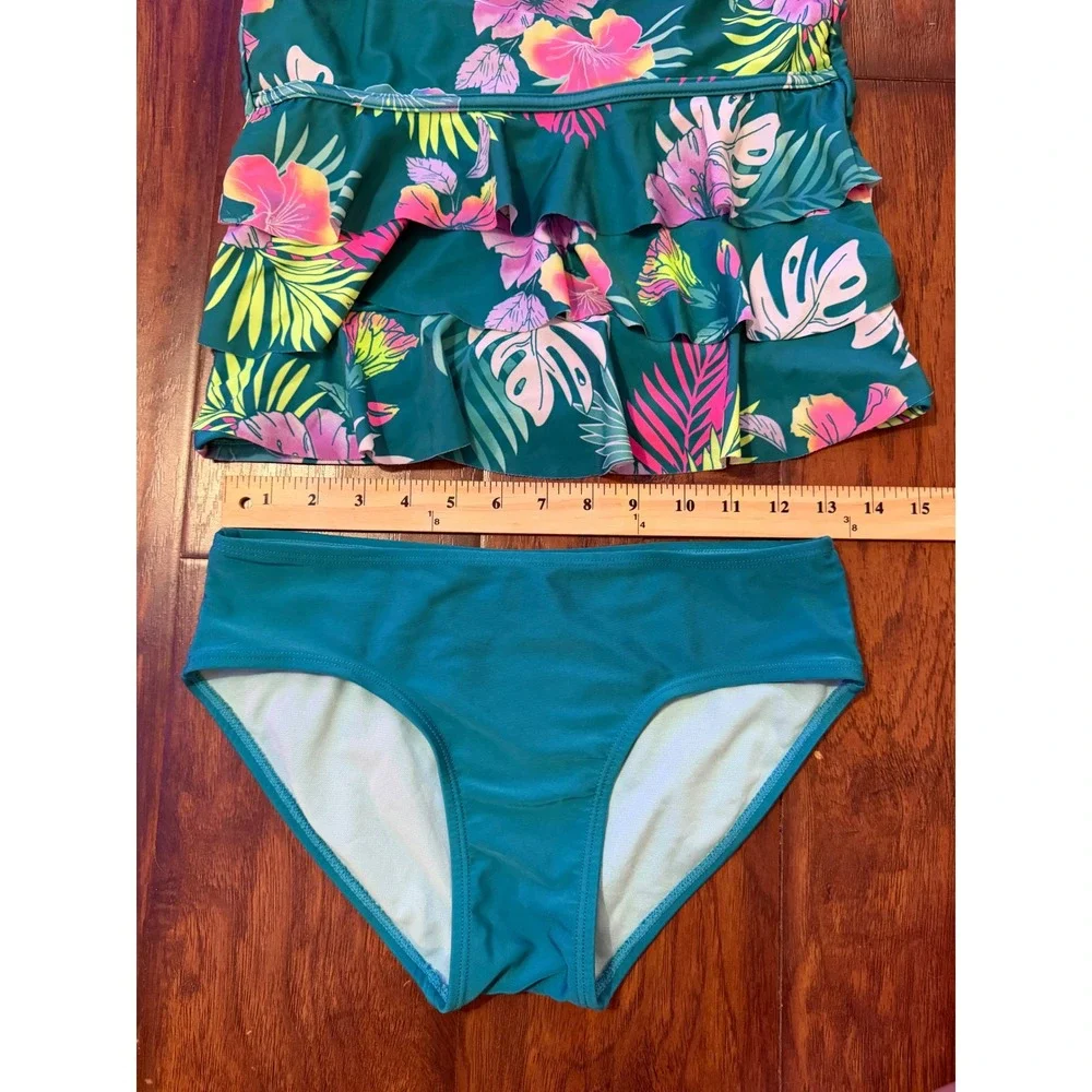 Justice Tankini Swimsuit Kids XL 16/18 Teal Floral Ruffle Excellent 2-Piece Set